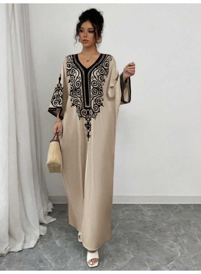 general 2026 Middle East V-neck style floral fashionable loose print long dress - Image 1